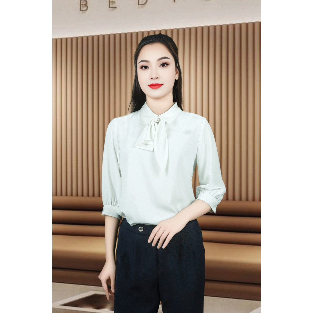 เสื้อเชิ้ตแขนยาวผ้าไหมสีขาวคอปกเยอรมันคอปกโบว์ ADB2311LTR