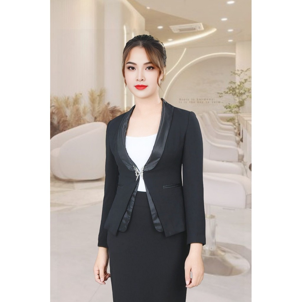 เสื้อกั๊กข้าวสีดํา 2 ชั้นแขนยาวและคอปกปกกลมมีกระเป๋าพนัง ADH074DG