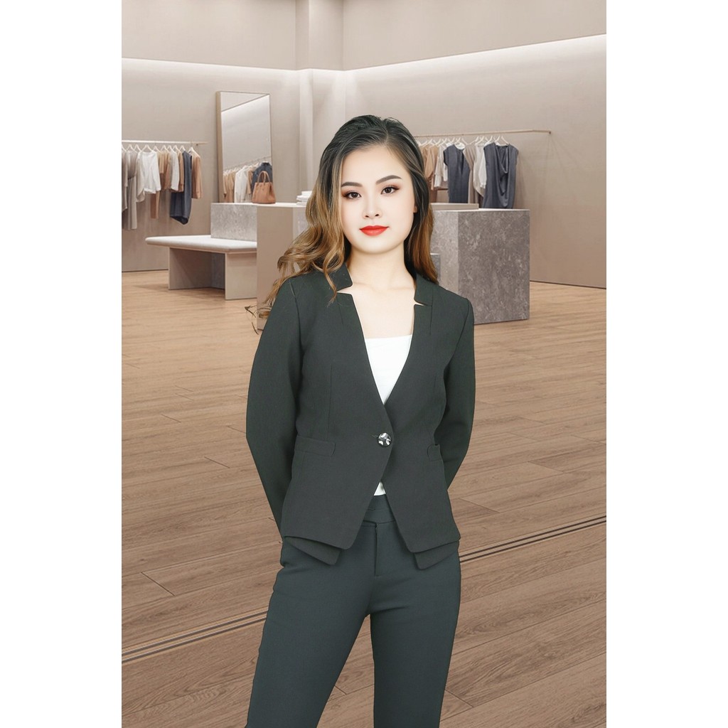 เสื้อกั๊กสีดําข้าว 2 ชั้นแขนยาวและคอปกผ่า 3V ADH075DG