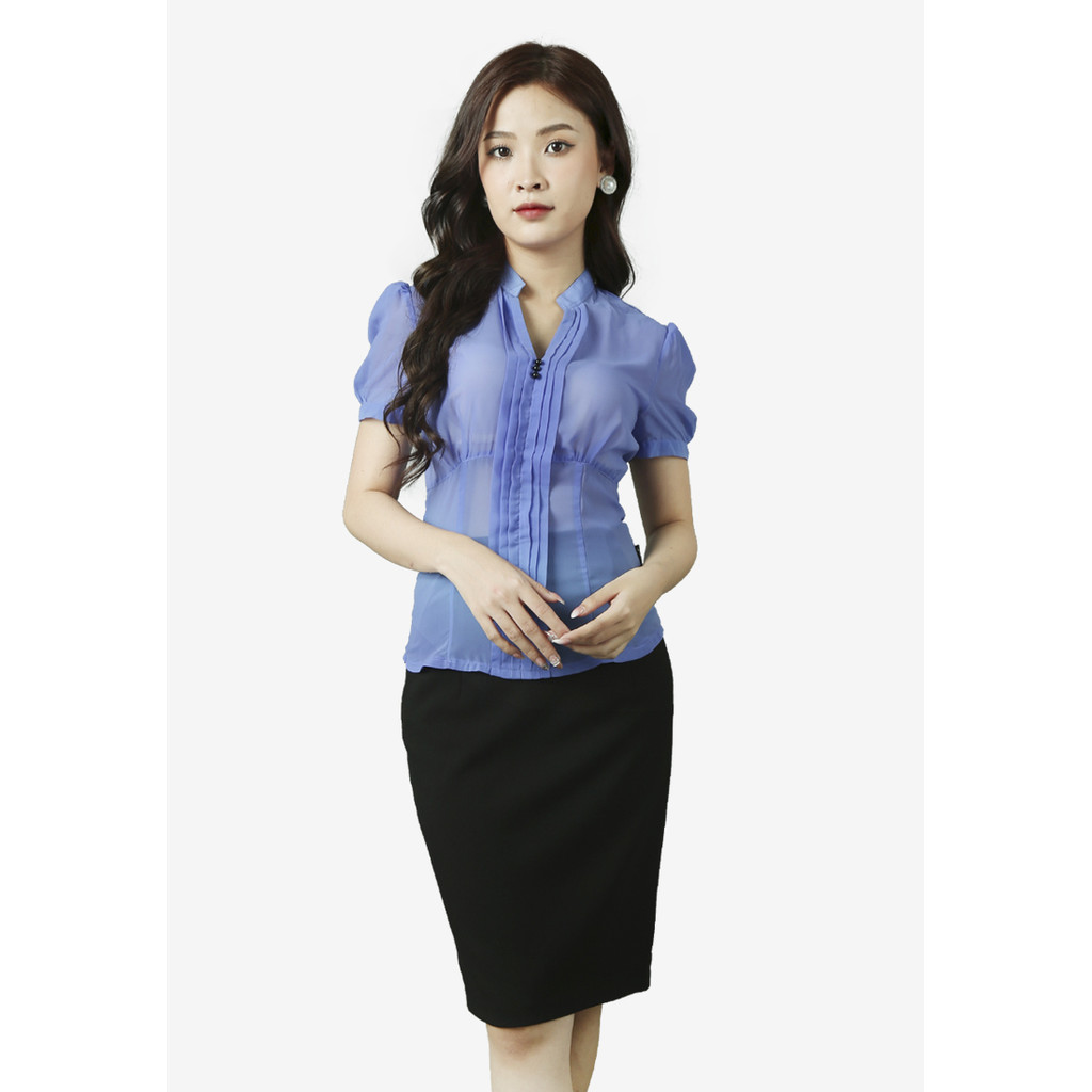 เสื้อชีฟองสีม่วงแขนสั้นคอปกแนวตั้ง ADP0423TI