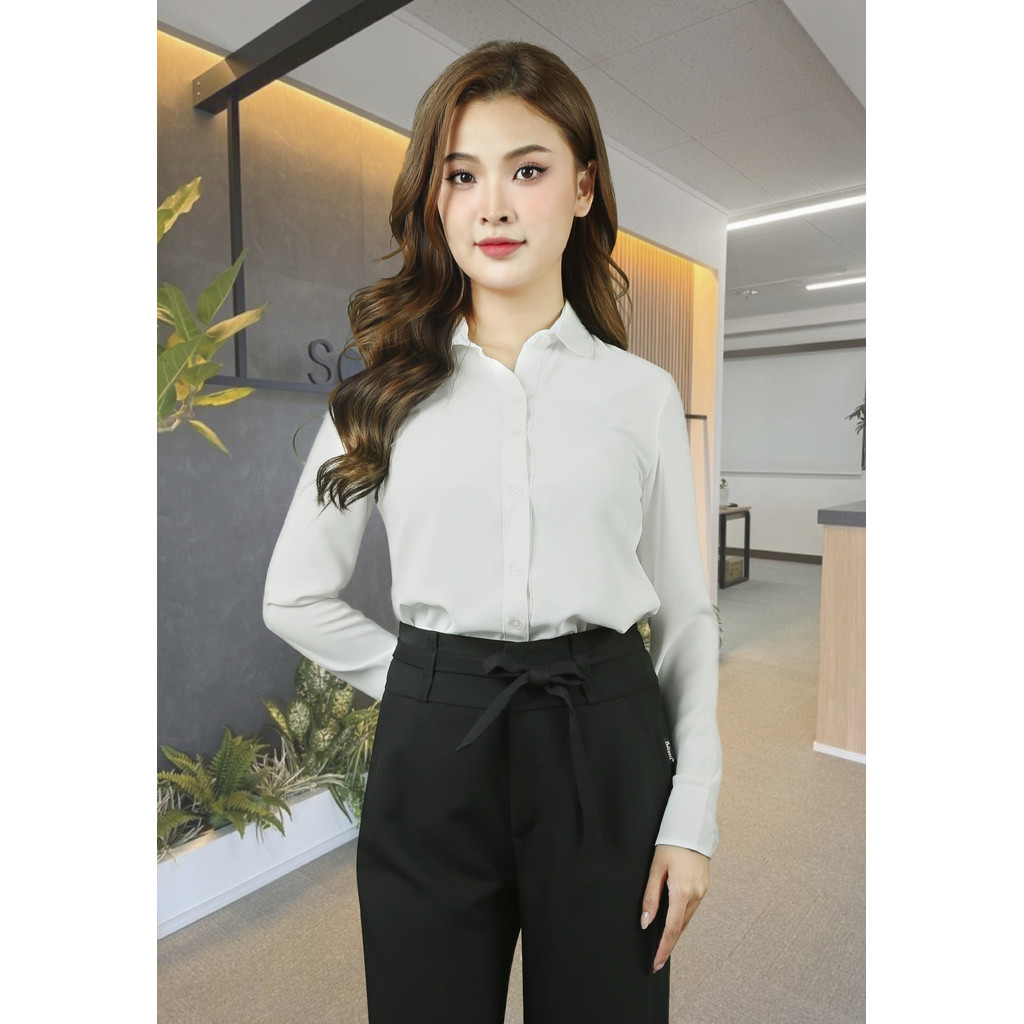 เสื้อเชิ้ตแขนยาวผ้าไหมสีขาวคอปกเยอรมันทรงกลม ADV106LTR