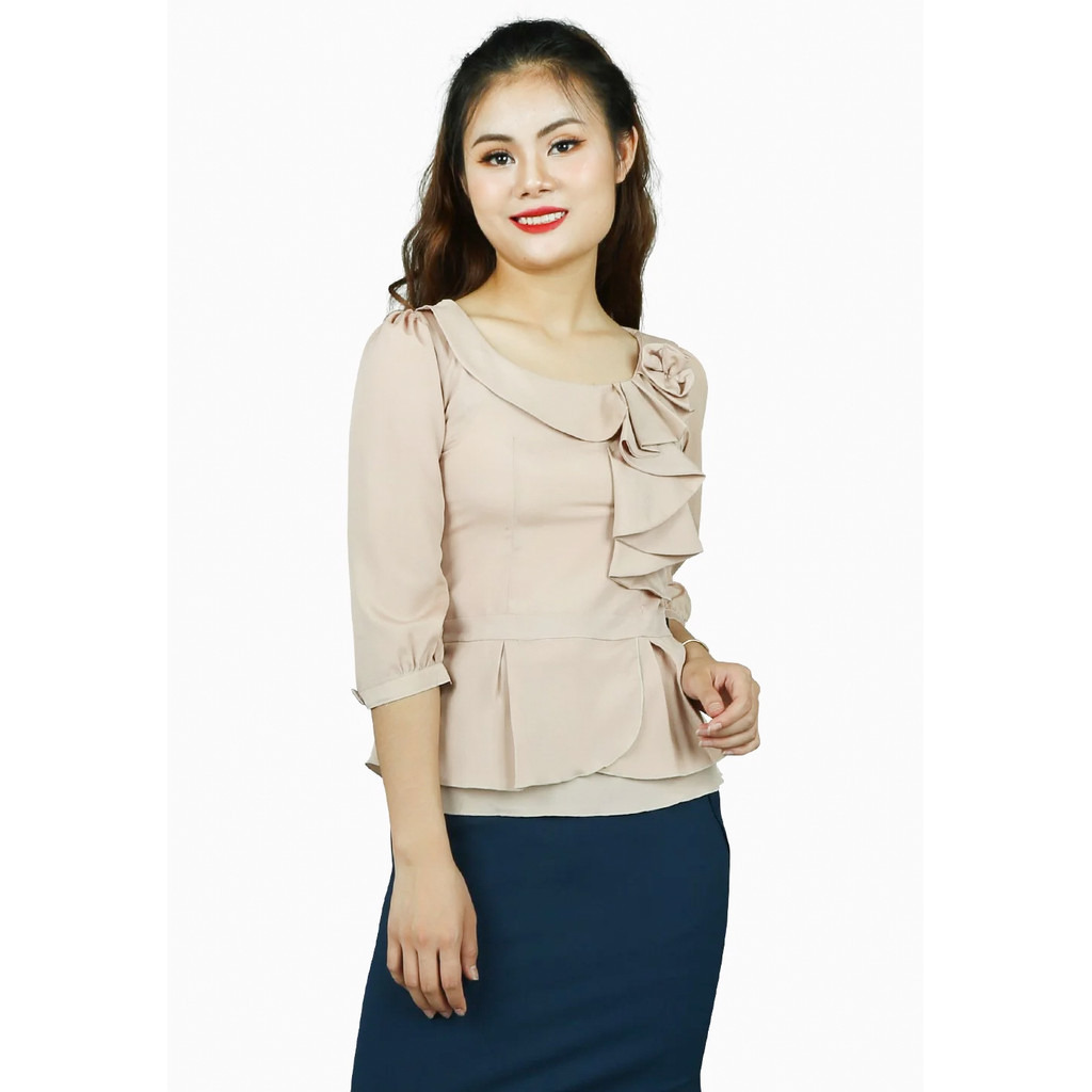 เสื้อชีฟองสีเบจสีชมพูแขนยาวคอปกโบว์ยาว ADX1871BEH