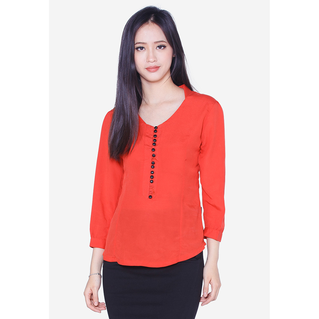 แขนเสื้อชีฟองสีส้มคอปกครึ่งกระดุม AGB014CA