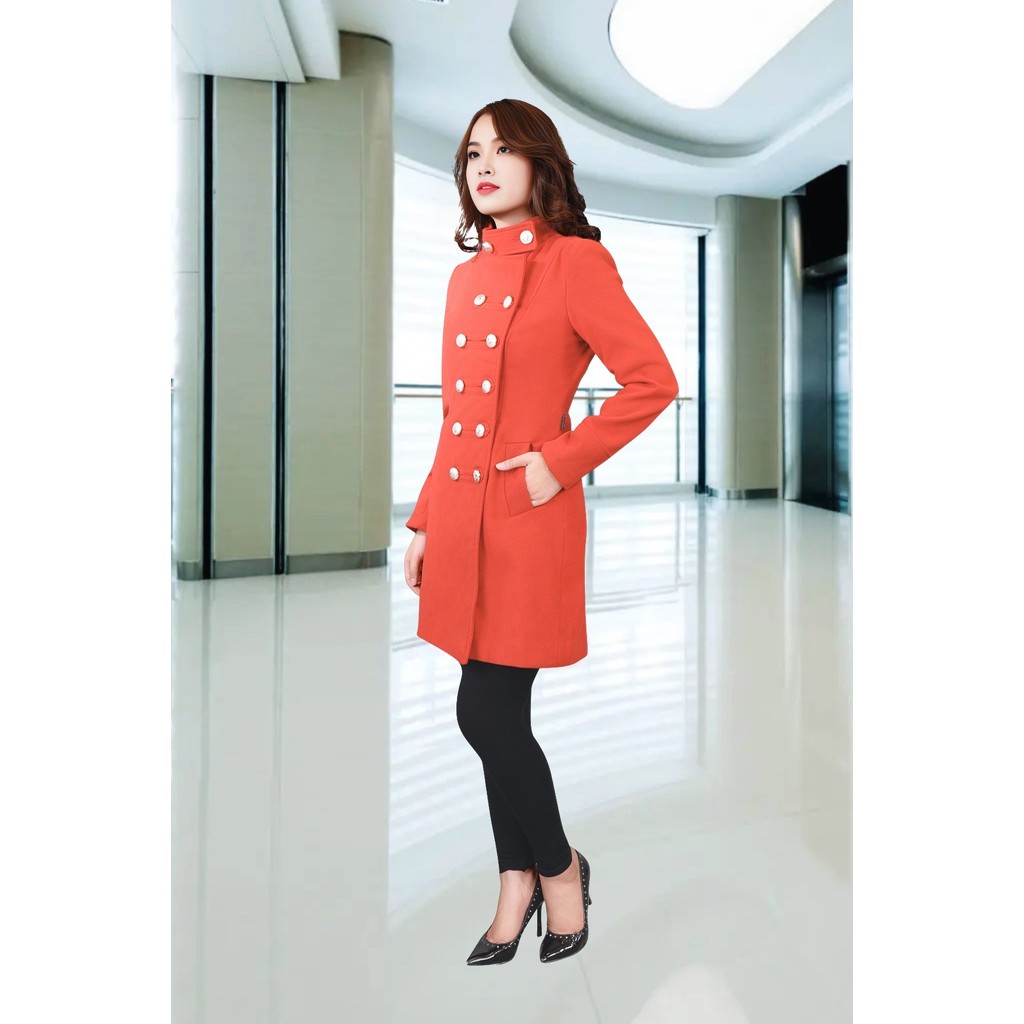 เสื้อโค้ทกันหนาวสีแดงส้มคอปก 5 กระดุม AGB088DCA