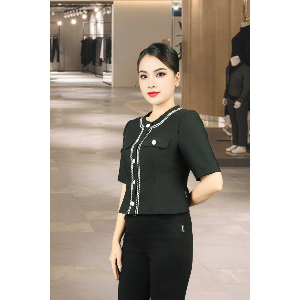 เสื้อกั๊ก 2 ชั้นแขนเฉียงสีดํา คอกลม แต่งคอและตัว AVB1161CHDE