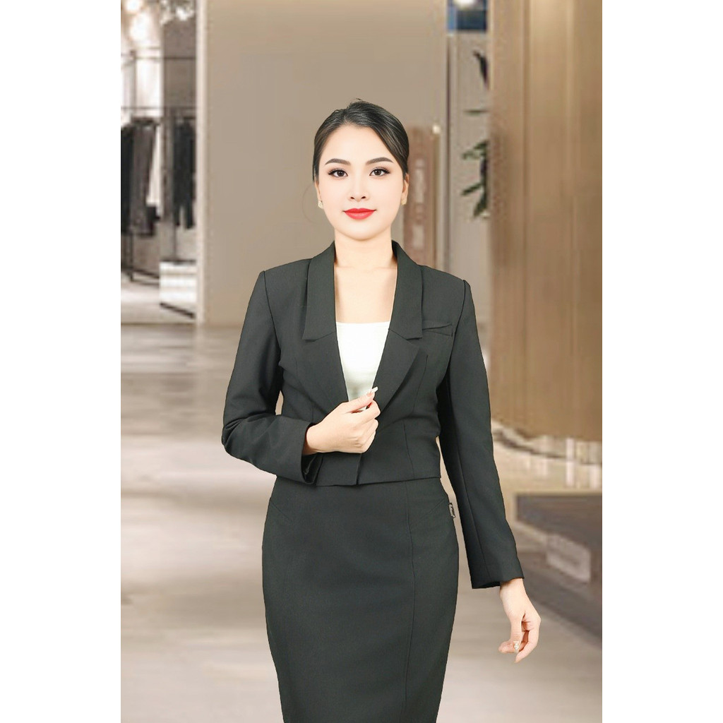 เสื้อกั๊กคอไขว้สีดําแขนยาว 2 ชั้น กระดุม 1 เม็ด AVH027CHDE