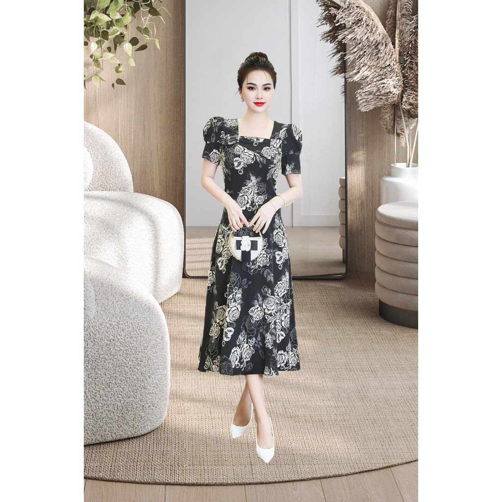 เดรส2ชั้นแขนสั้นคอยูผ้าไหมพรมเรียบดอกสีขาว โบว์ติดกระดุม ทรงอกบาน ง6013htr