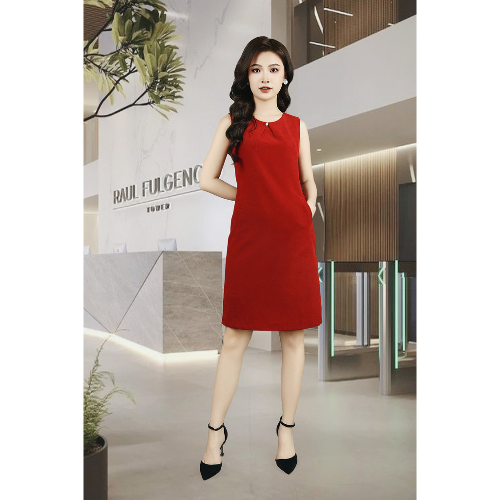 เดรสแขนกุดกํามะหยี่สีแดง 2 ชั้น แต่งคอลูกปัด DDC2552DD