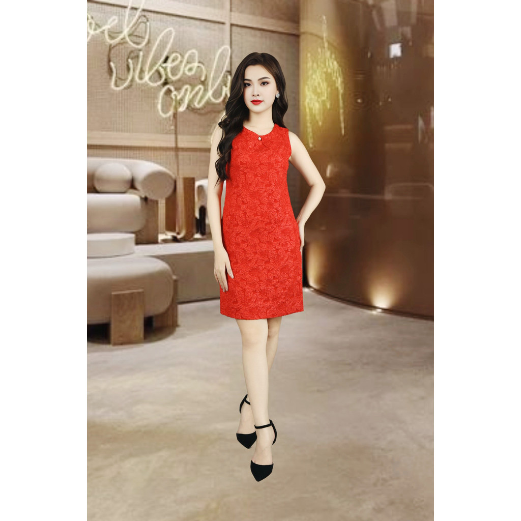 เดรสแขนกุดฟองสีแดง 2 ชั้น แต่งคอลูกปัด DDC2552XDO