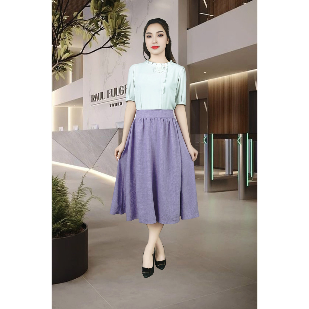VDS3292TI กระโปรงพลีทยาวย่นสีม่วง 2 ชั้น