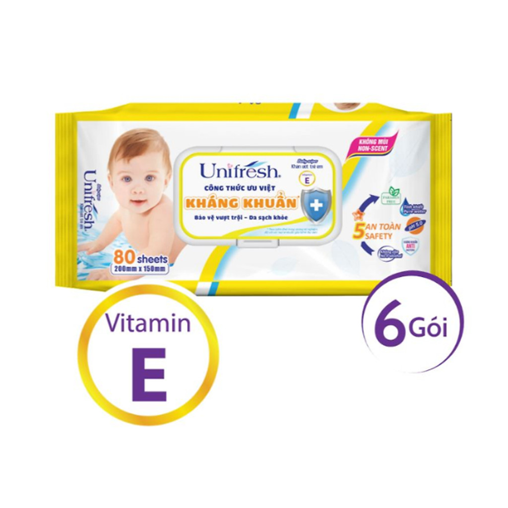 คอมโบทิชชู่เปียก Unifresh Vitamin E 6 ชิ้น 80M (80 ชิ้น)