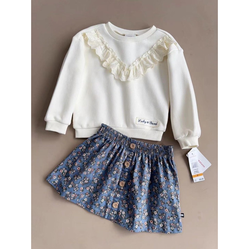 Set Lucky Brand เสื้อแจ็คเก็ตหนังปลาสีขาวอกลูกไม้-กระโปรงลายดอกไม้สีฟ้าหยาบขนาด 18m - 6y