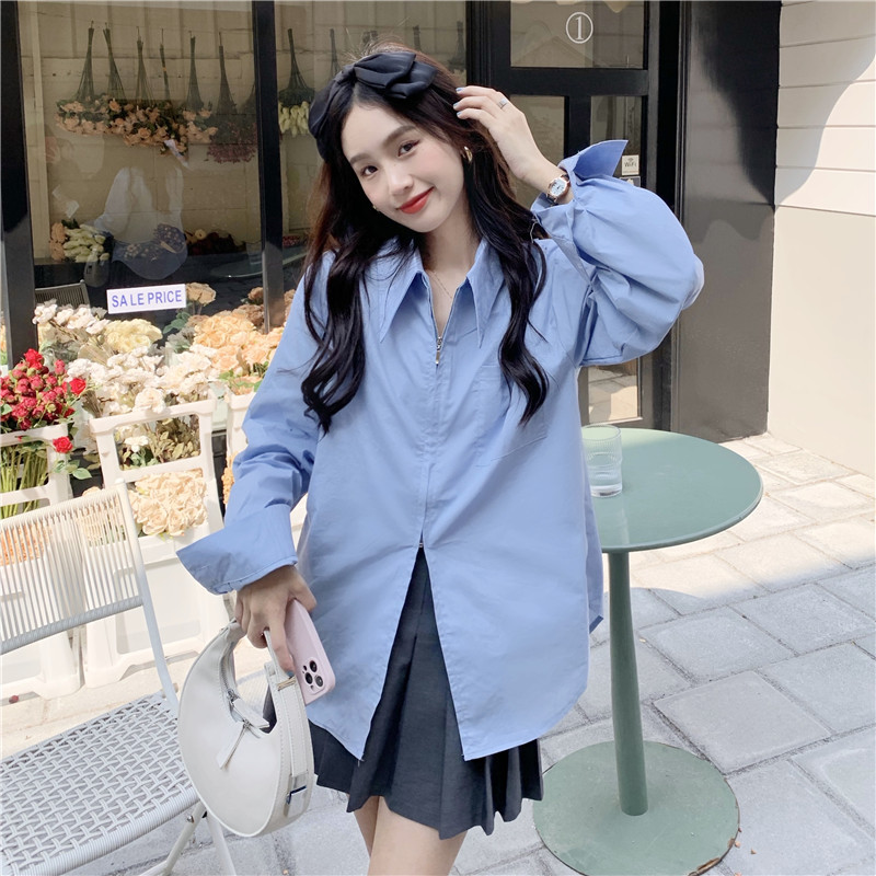 [INCREASED Tt] เสื้อเชิ้ตซิปคู่ทรงหลวมสําหรับผู้หญิง Forlyoffical ปกเยอรมันแขนยาว สไตล์เกาหลี FG004