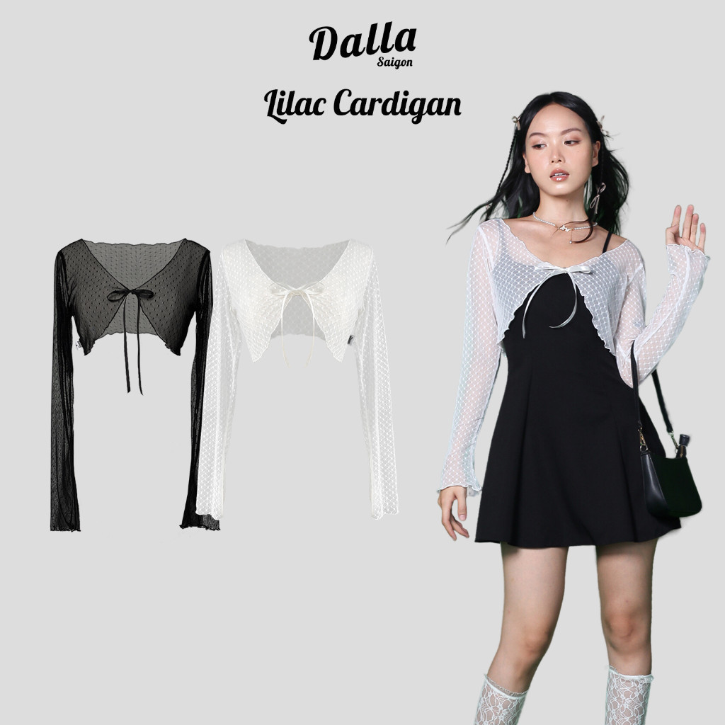 Dalla เสื้อผูกโบว์/ม้วนลูกไม้สีขาว (CDG03) คาร์ดิแกน Lilac