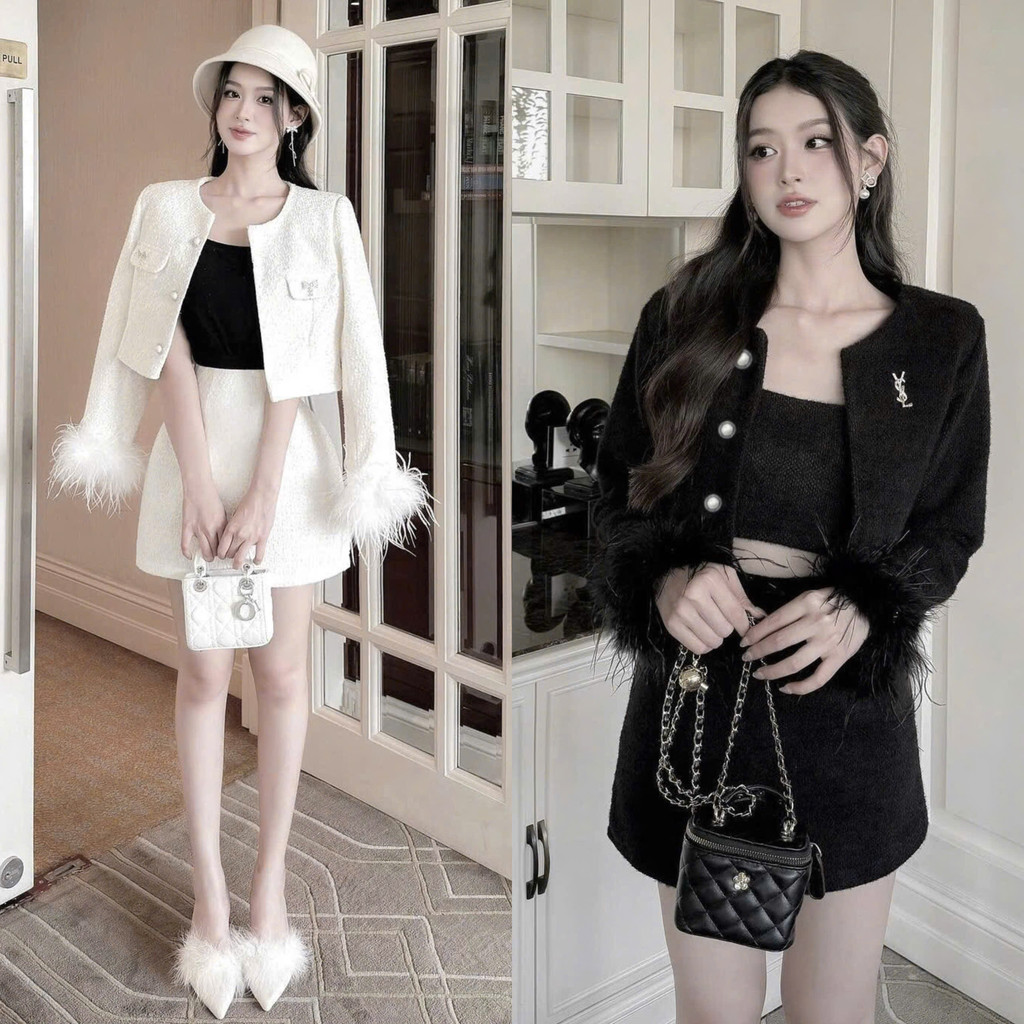 [พร้อมแท็ก Ysi]: ชุดชุดราตรีถักคอกลม 2 ชั้นพร้อมขนกระต่ายผสมกระโปรงชุดราตรี A-Line มาก (รวมรูปถ่ายจริง)