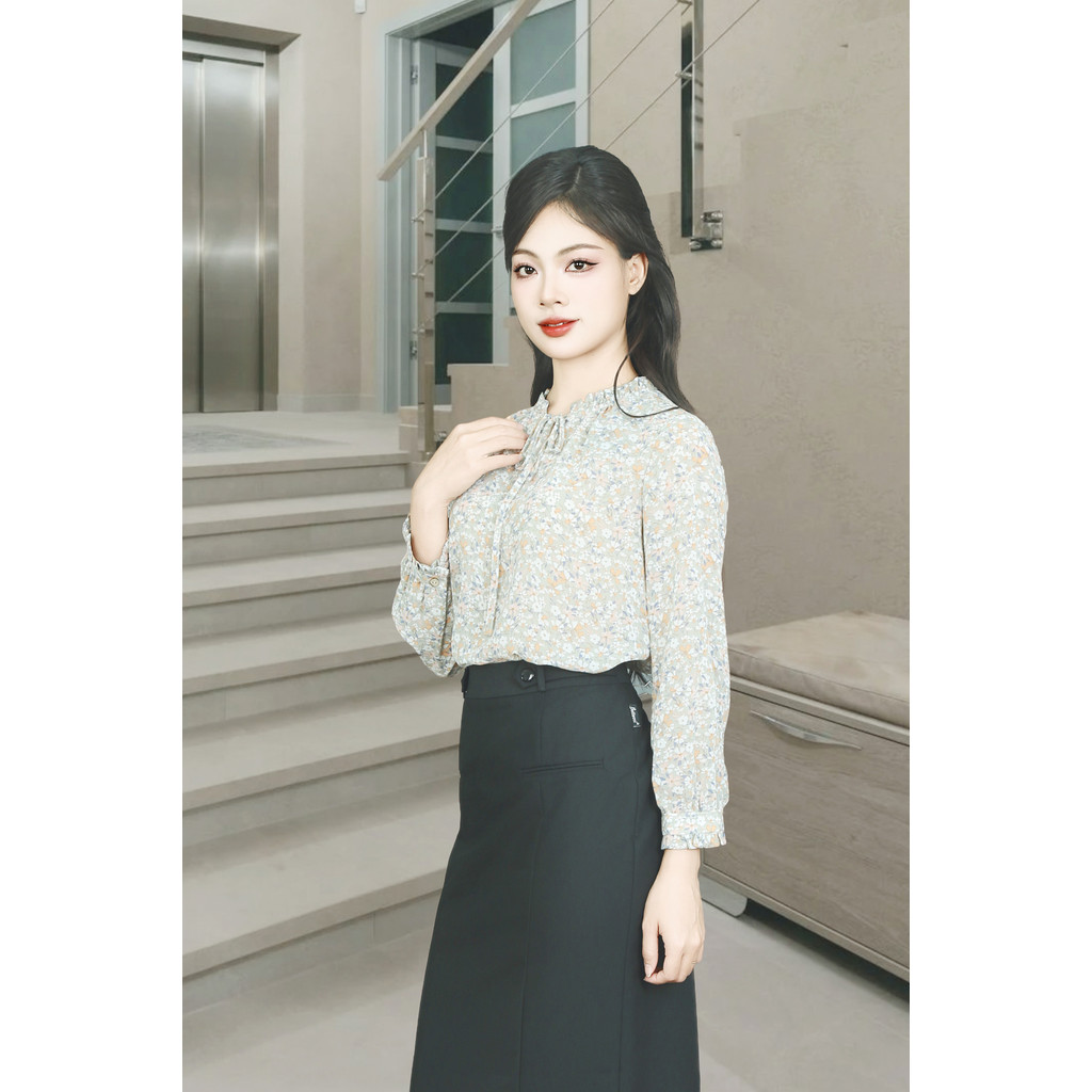 เสื้อเชิ้ตแขนยาวผ้าชีฟองลายดอกไม้คอปกหลวมผูกเชือก ADB159HOGH