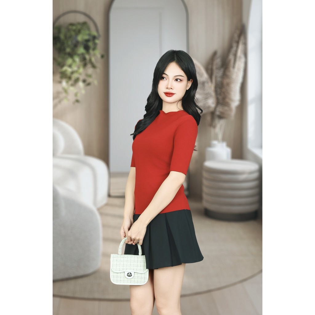 เสื้อสเวตเตอร์สีแดงคอปก 3F แขนสั้น AL663DO