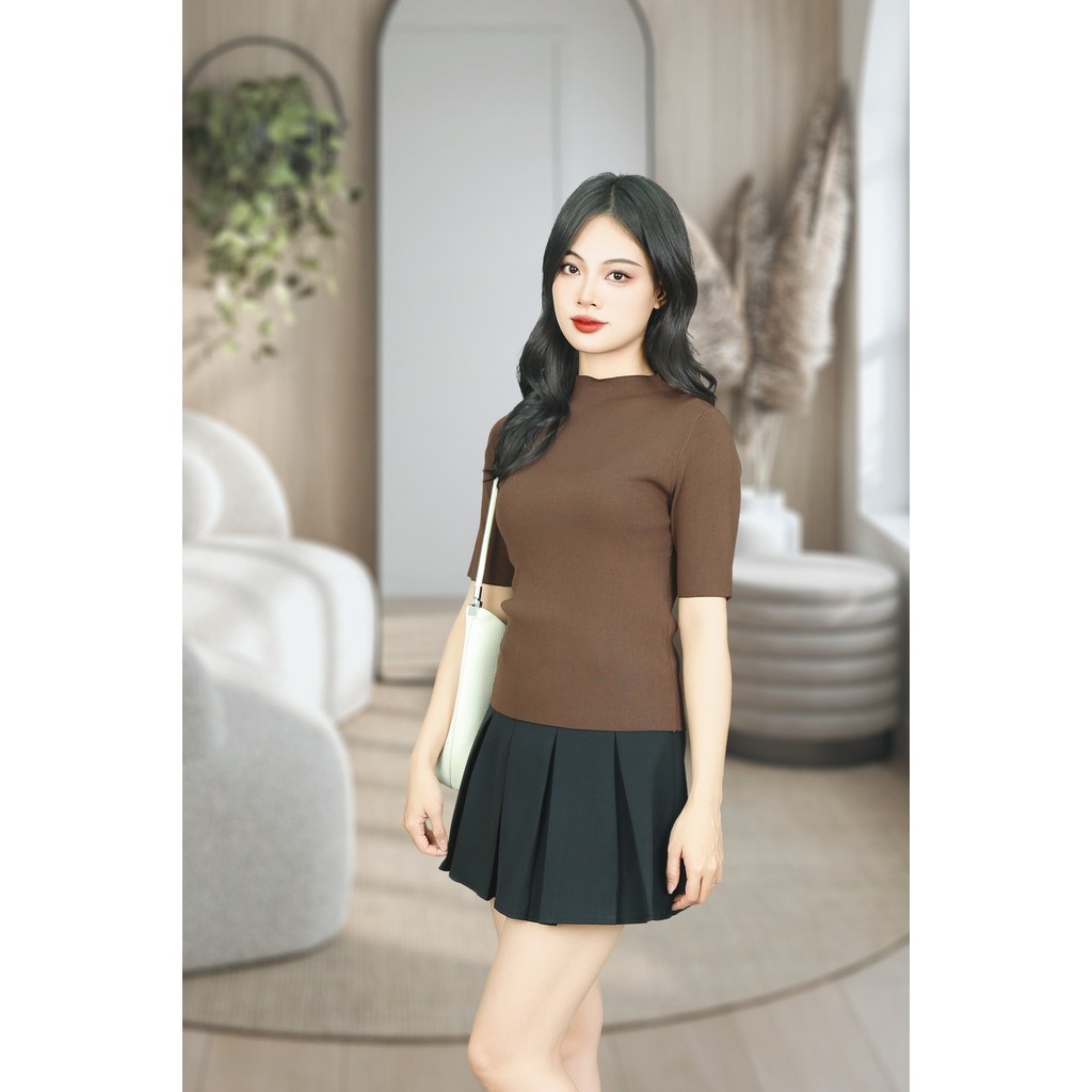 สเวตเตอร์สีน้ําตาลเข้มคอปก 3F แขนสั้น AL663ND