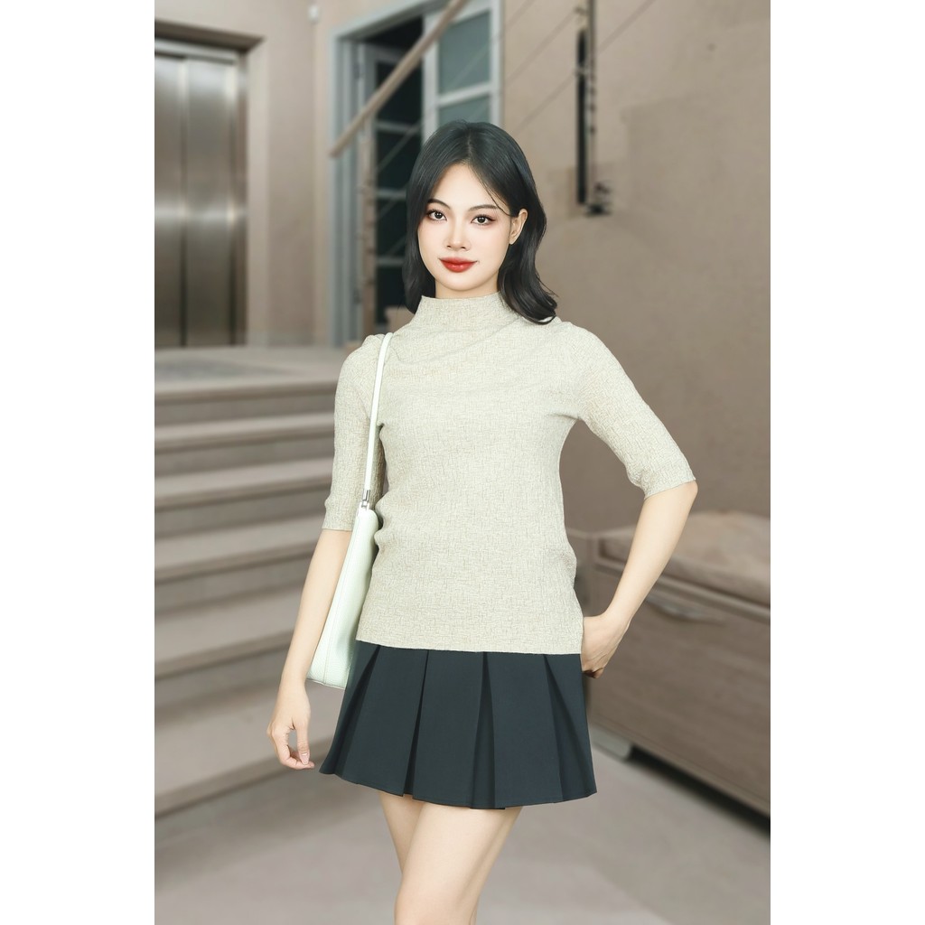 เสื้อสเวตเตอร์สีเบจเข้มแขนย่นคอปก 3F AL7502BED