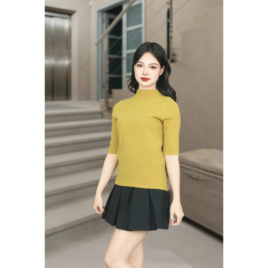 เสื้อสเวตเตอร์สีเหลืองแขนและคอปกย่น 3F AL7502VA