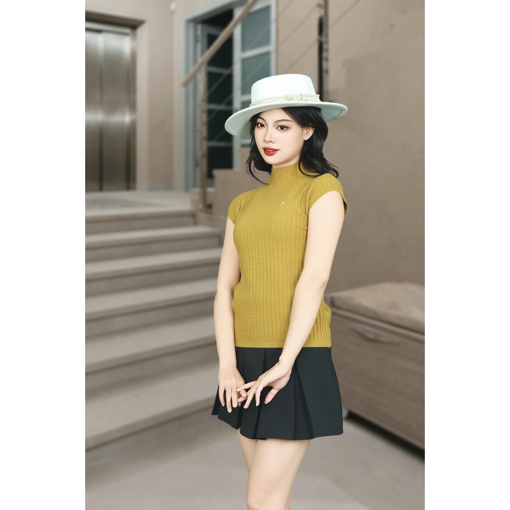 เสื้อสเวตเตอร์ลายสก็อตสีน้ําตาลเหลืองคอปก 3F และแขนสั้น AL7511NV