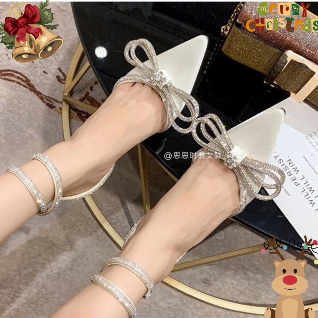 C52 รองเท้าแตะ Pointed Toe 8P รองเท้าส้นสูง Stiletto พร้อมโบว์ Rhinestone น่ารักสําหรับผู้หญิง