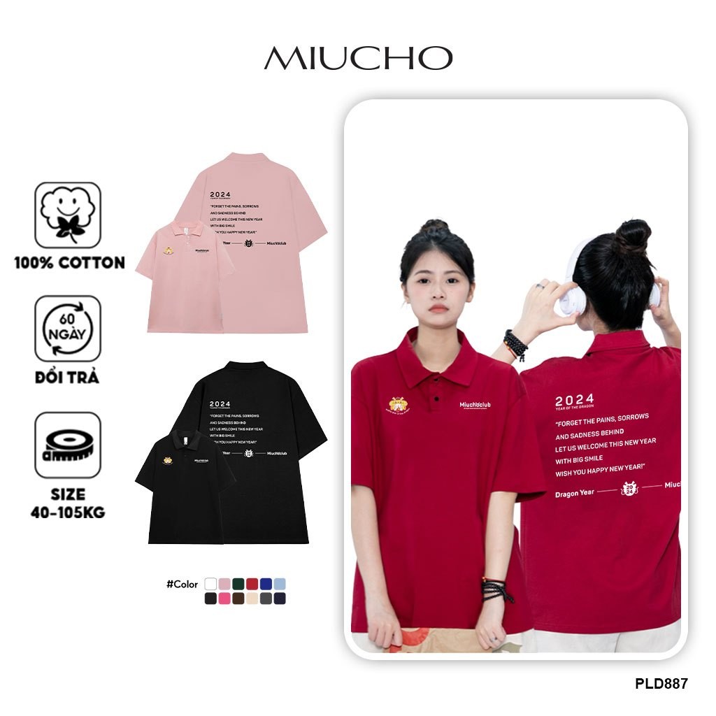 รูปแบบหลวมสีแดง Tet เสื้อโปโล unisex แบรนด์ท้องถิ่น PLD887 Miucho แขนสั้นผ้าฝ้ายคอเต่าพิมพ์ลายผสม