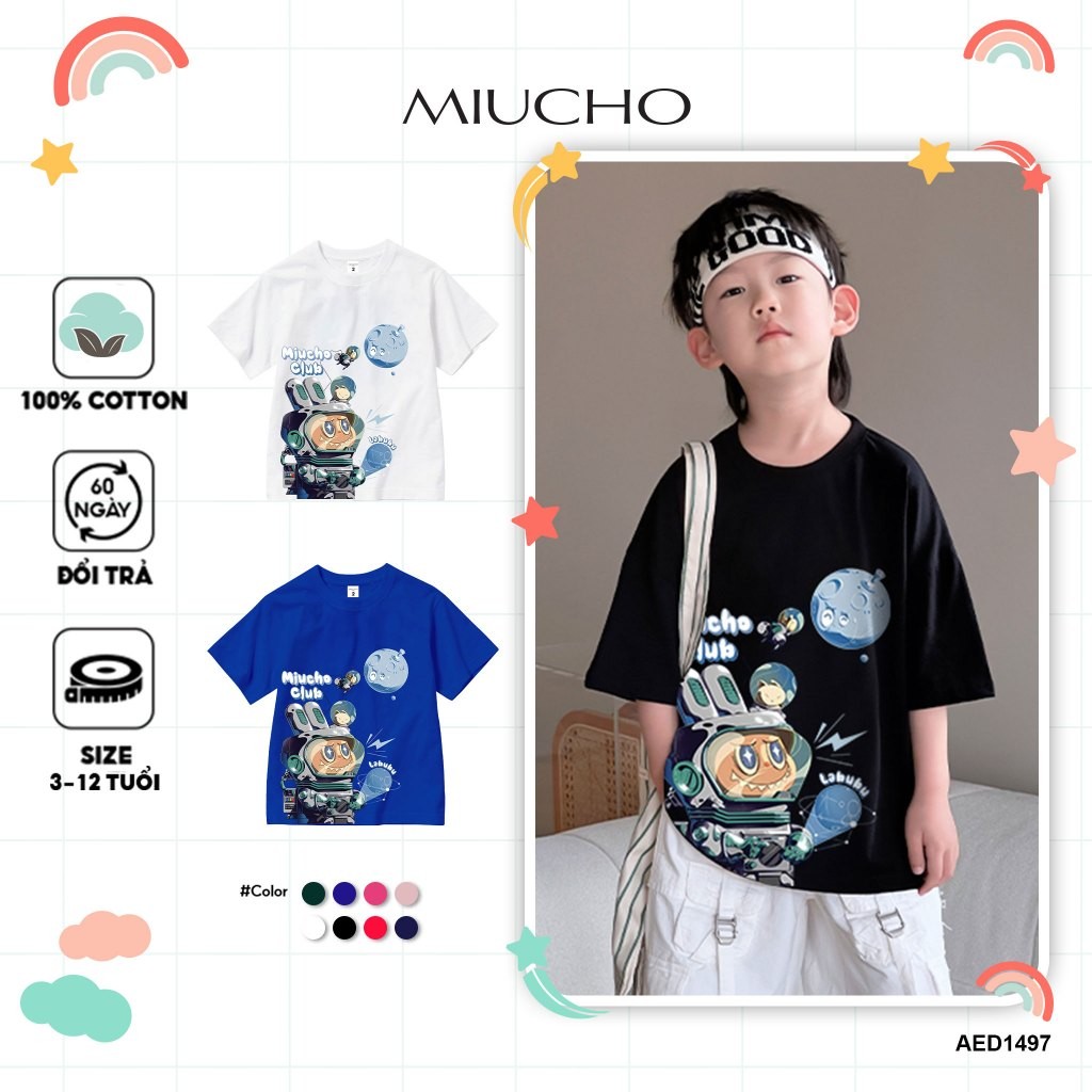 Labubu เสื้อยืดเด็กชายทรงหลวม AED1497 Miucho Kid ผ้าคอตตอนเท่ๆ คอกลม พิมพ์ลายงานศิลปะ