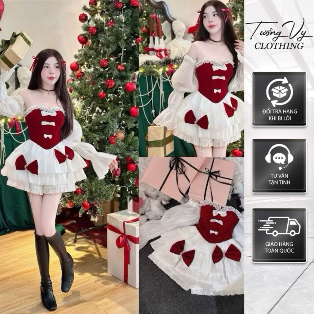 ชุดเดรสกํามะหยี่เจ้าหญิงน่ารักโบว์สีแดงสําหรับ Tet และ Christmas โดย Tuong Vy Shop