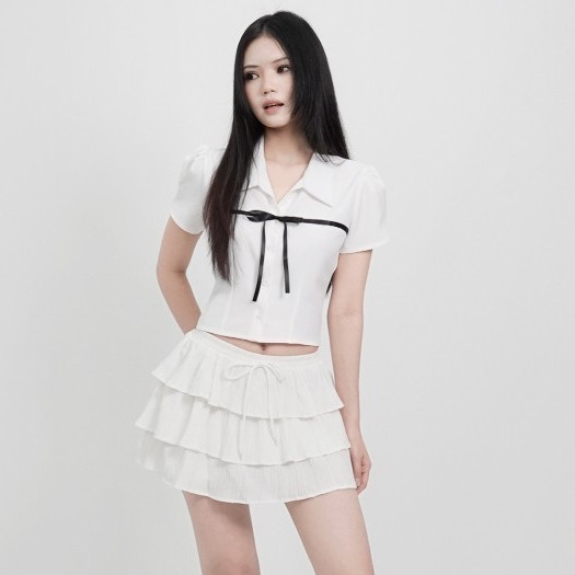 Dalla เสื้อแขนพองแขนสั้นผูกโบว์ช่วงอก (SM19) เสื้อ Evelyn