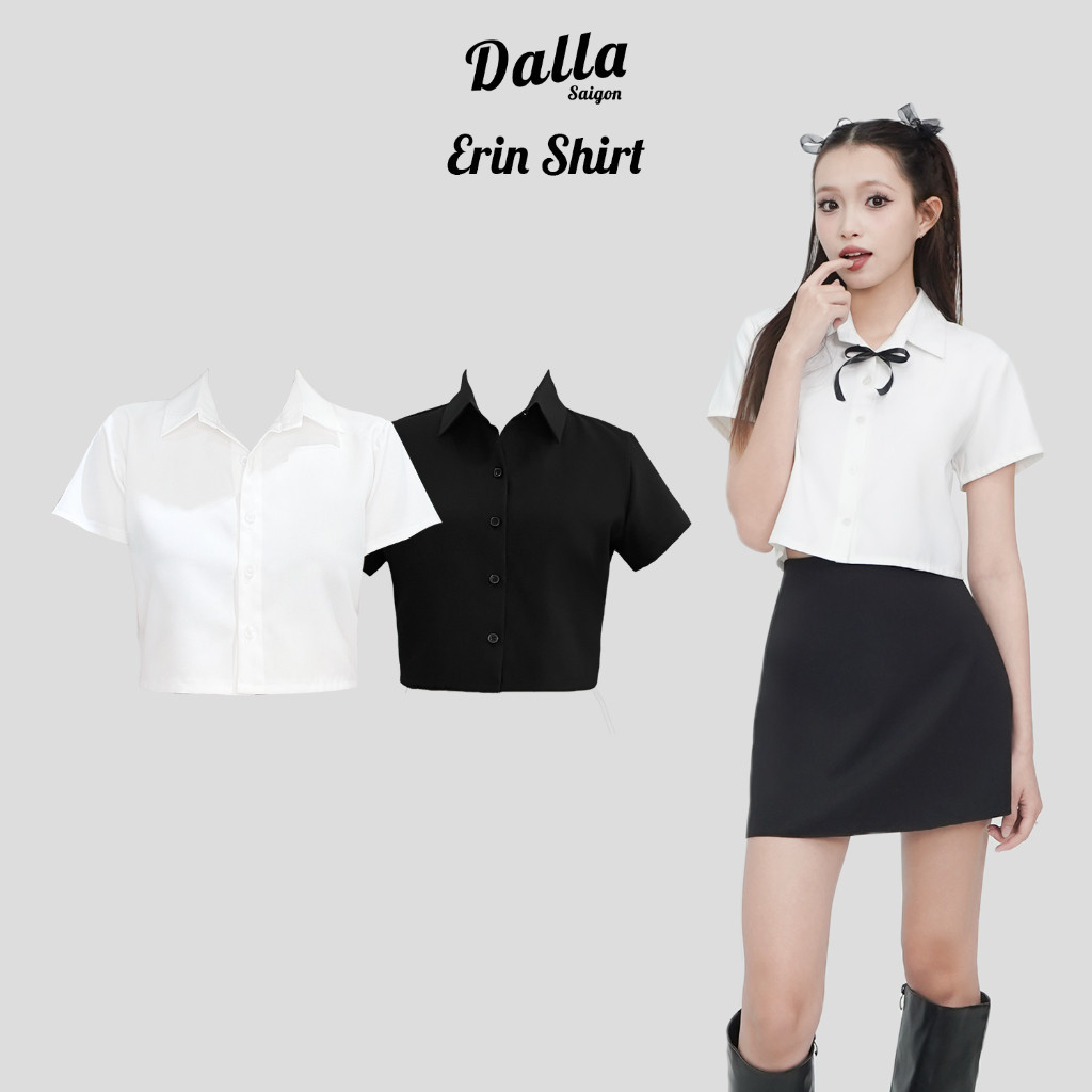 Dalla เสื้อครอปแขนสั้นสีขาวล้วนสําหรับผู้หญิง เสื้อเชิ้ต (SM01) เสื้อเชิ้ต Erin