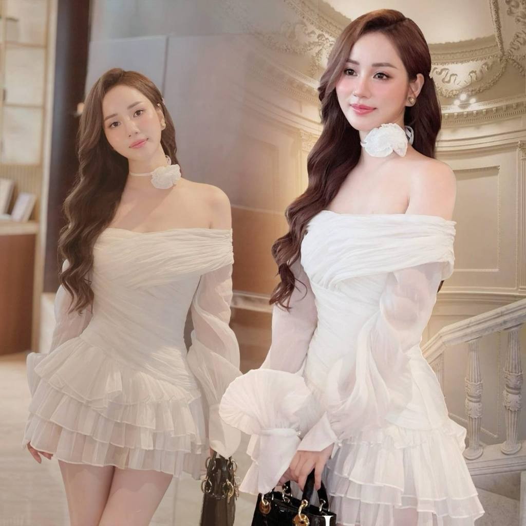 ชุดเดรสเปิดไหล่แขนยาวลายดอกไม้น่ารัก KC1568