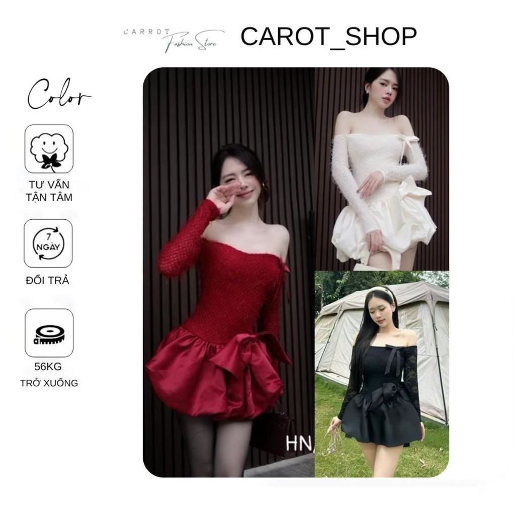 เดรสขนเฟอร์เปิดไหล่พร้อมโบว์ไหล่ระบาย + โบว์ใหญ่หรูหรา By CarrotStore (พร้อมกางเกงป้องกัน)