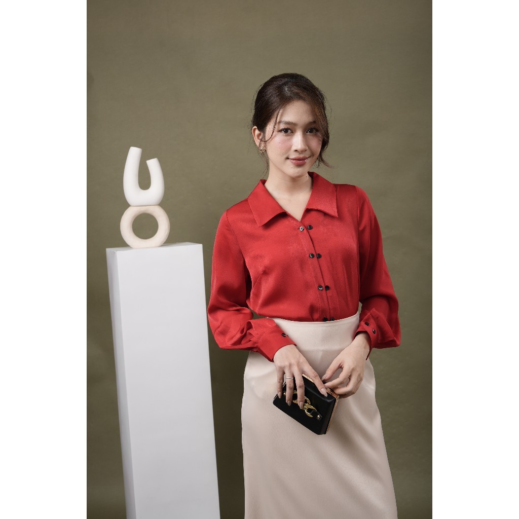 เสื้อเชิ้ตสํานักงานติดกระดุมสีดําแขนยาวผู้หญิงหรูหราและสง่างาม - สีแดง ก511