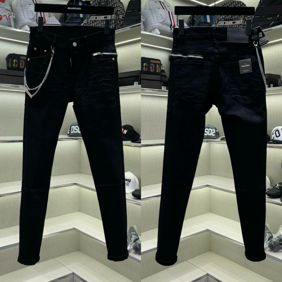 Gg DSQ Mens Plain Black Zip Jeans - DSQ 4 Button Amiri Vintage Pants, Vlank Black Mens Jeans ลาย 202