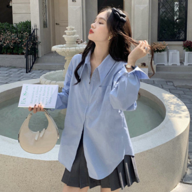 FORGIRL เสื้อเชิ้ตแขนยาวซิปคู่แฟชั่นเกาหลีสําหรับผู้หญิง FG004