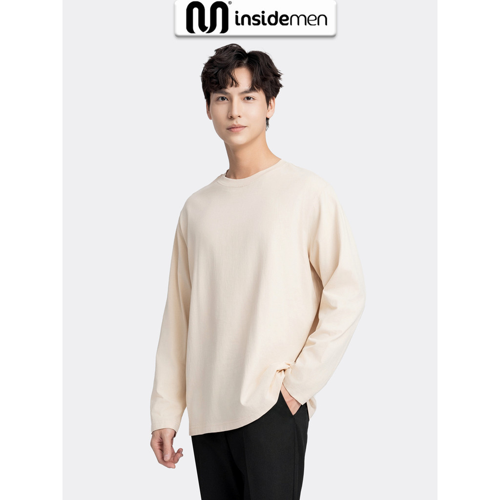 INSIDEMEN เสื้อยืดแขนยาวผู้ชายคอกลม ผ้าคอตตอน 100% อ่อนเยาว์และชาย สไตล์เกาหลี ILT016W3