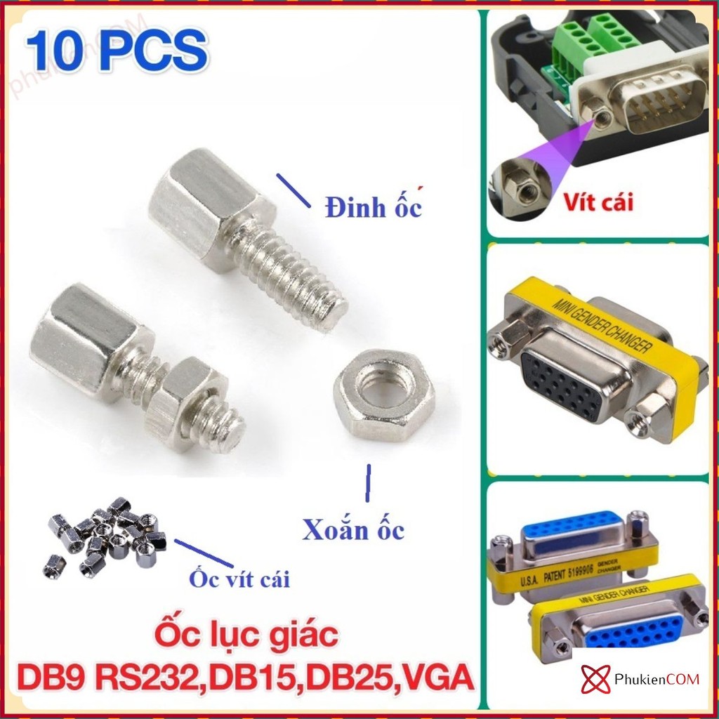 10 ชิ้น M3 12 มม.น็อตหกเหลี่ยม 6 ด้านและสลักเกลียว (สกรูตัวเมีย) COM DB9 RS232, DB15, DB25, DB37, DB