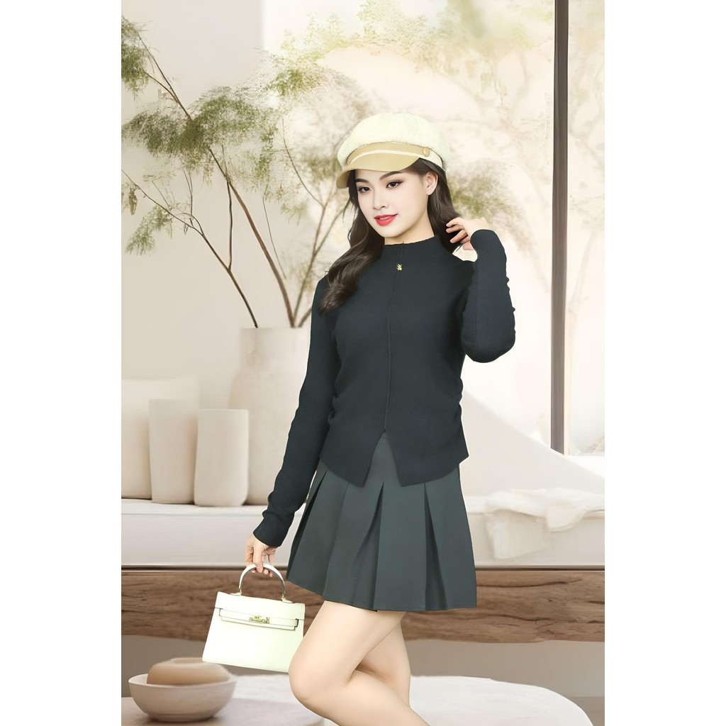 3F เสื้อสเวตเตอร์สีดําแขนยาวผ่าคอวีตามลําตัว AL009DE