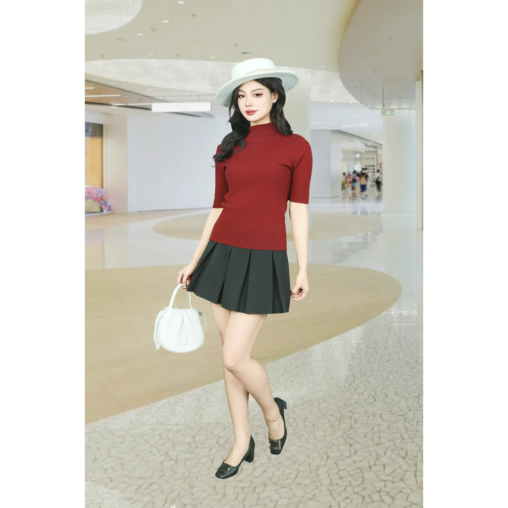 เสื้อสเวตเตอร์สีแดงแขนสั้นคอปก 3F AL145DD