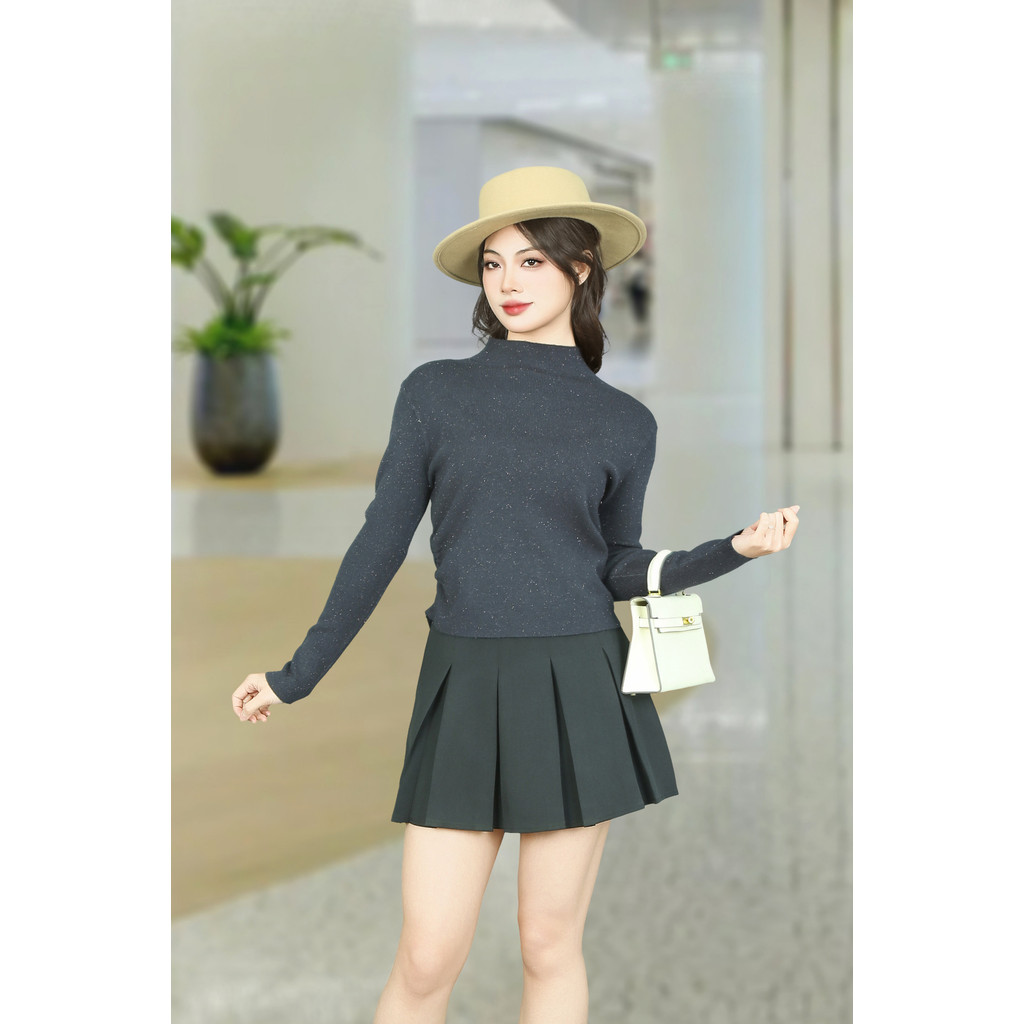 เสื้อสเวตเตอร์แขนยาวสีเทาเข้มคอปก 3F และเอวจับจีบ AL5118GD