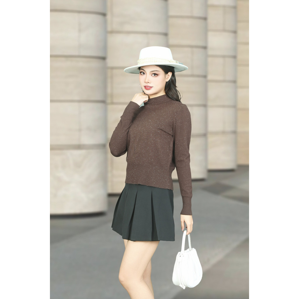 เสื้อสเวตเตอร์สีน้ําตาลเข้มธรรมดาคอปกและชายเสื้อ 3F AL8157ND