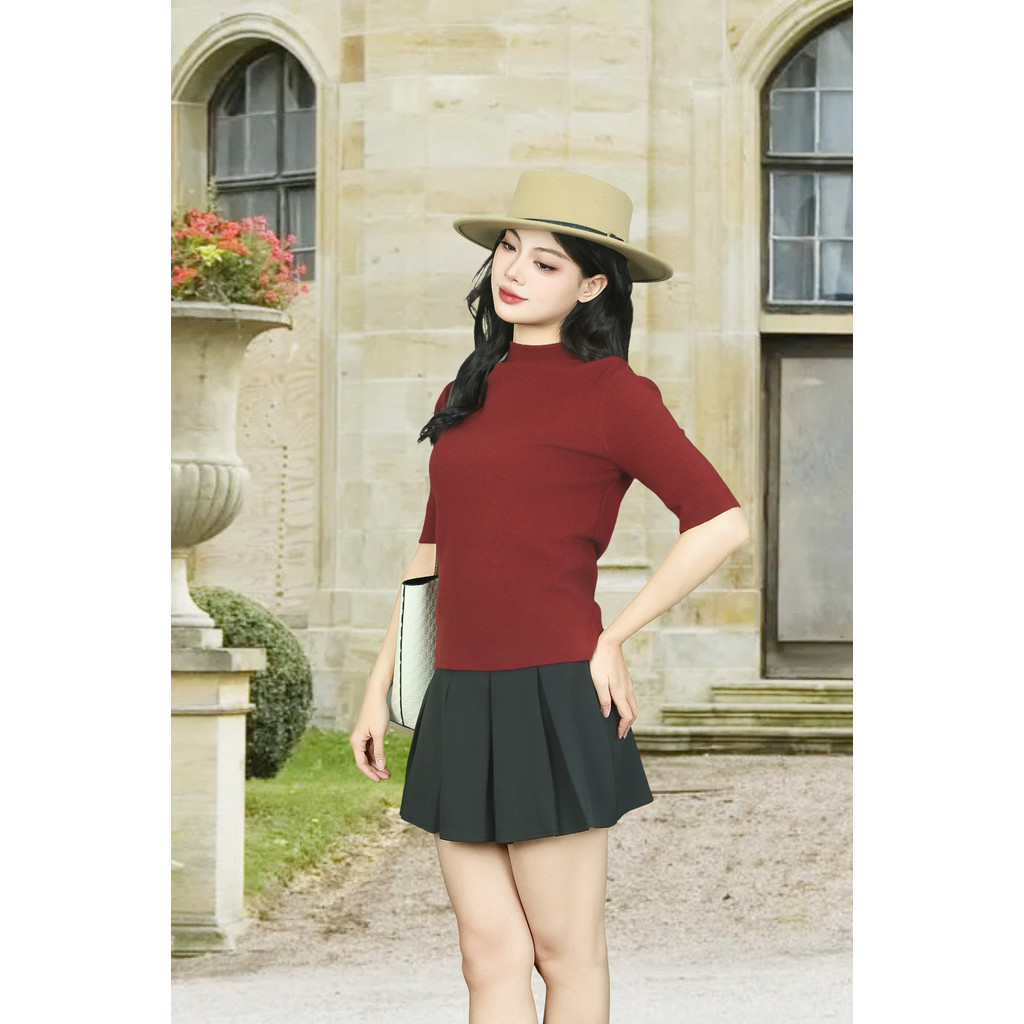 เสื้อสเวตเตอร์สีแดงแขนสั้นและคอปก 3F AL8209DD