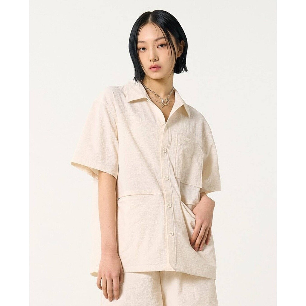 NERDY - เสื้อเชิ้ต unisexคอปกแขนสั้น Seersucker PNEU24SR07-03