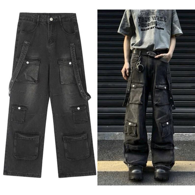8 POCKET JEANS - Cargo Jeans - Cargo Jeans สายกว้างผ้าฟอกสีดํา ชายและหญิง Unisex DaduStore