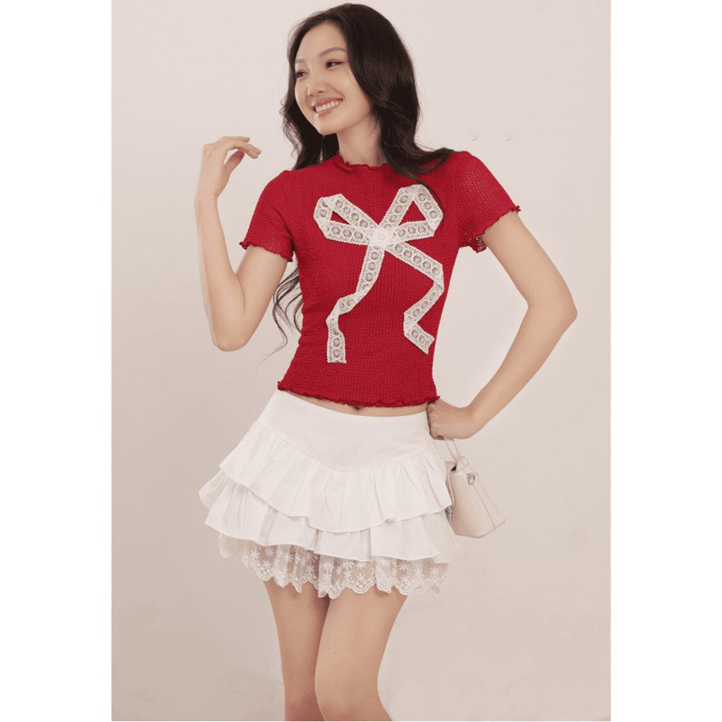 TaiducStore เสื้อเชิ้ตแขนสั้นมีโบว์ลูกไม้น่ารัก A51106