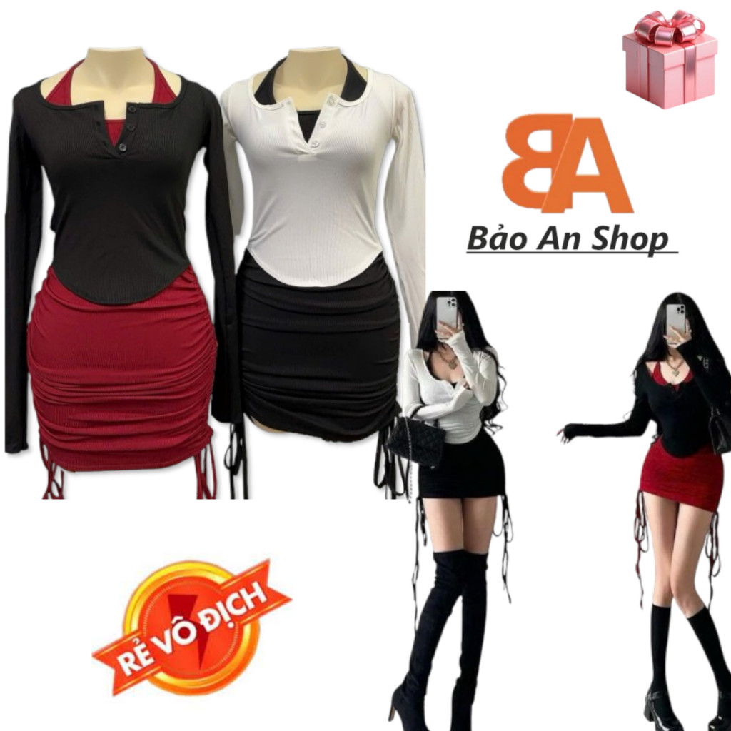 [ SD-266 ] ชุด บอดี้คอน ผู้หญิง 2 ชิ้นชุดเดรสผู้หญิงคล้องคอและสายรัดต้นขามีแขนเป็นผ้าริบไหมพรม