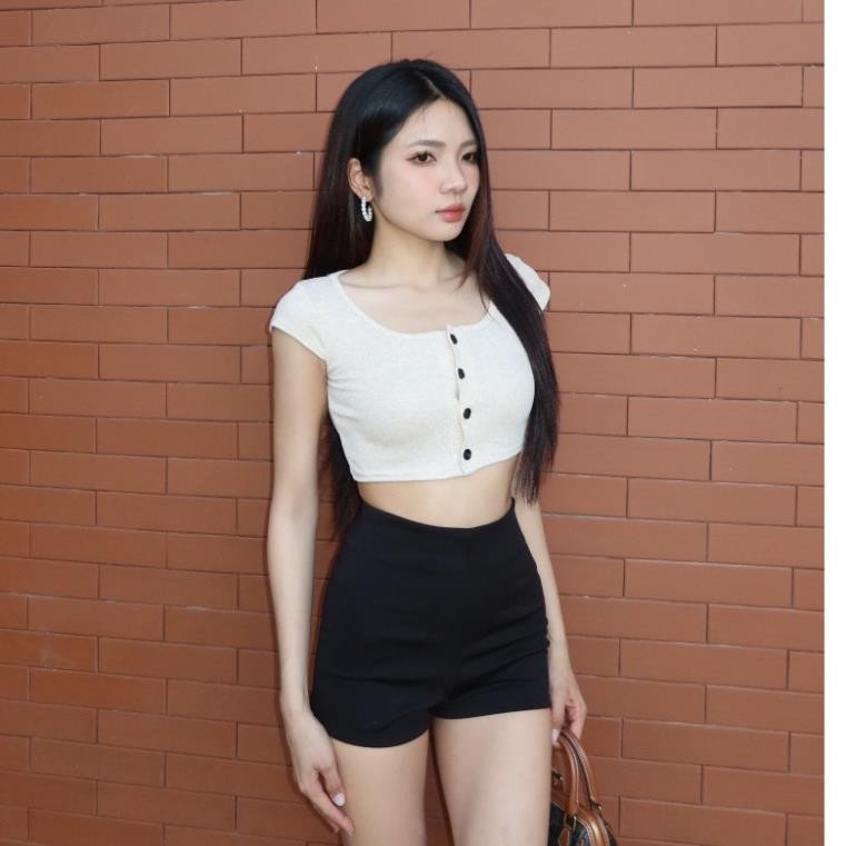 TDS เสื้อครอปแขนสั้นผู้หญิงคอเหลี่ยมและกระดุมยางยืด Top A84