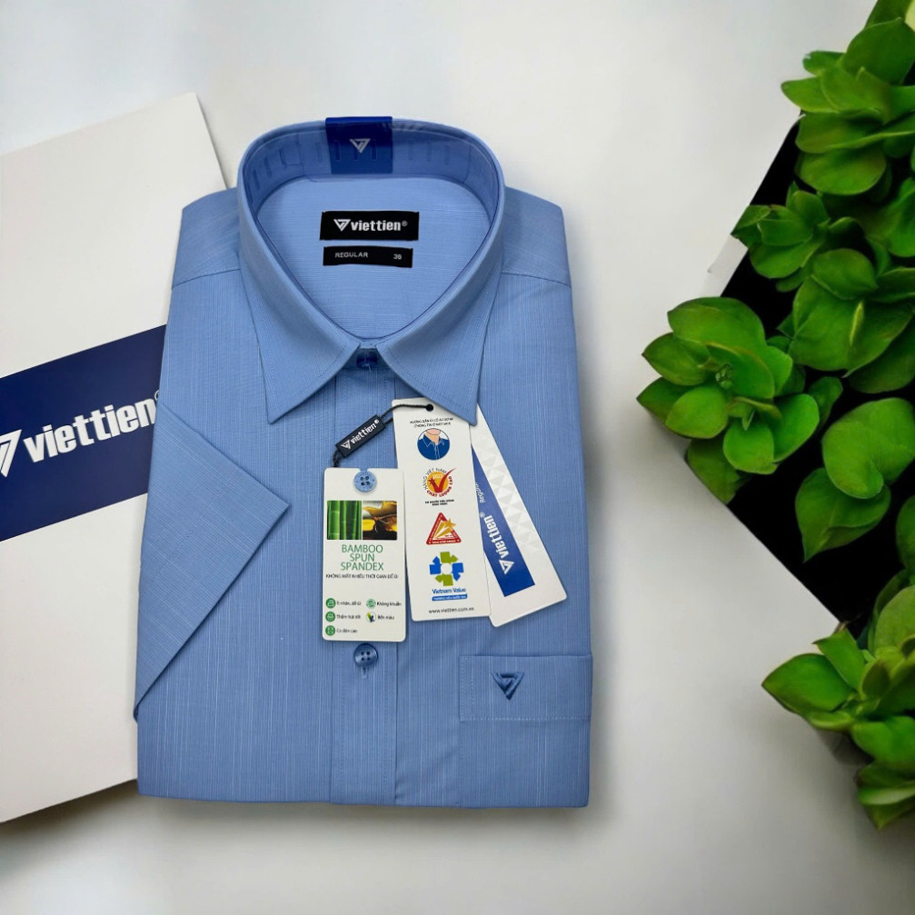 Viet Tien เสื้อเชิ้ตแขนสั้นสีน้ําเงินลาย 1T6124