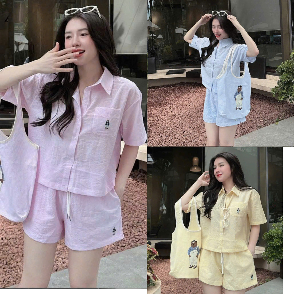 [รวมกระเป๋า]: ชุดหมี 3 ชิ้น: เสื้อพร้อมกระเป๋าอกแขนสั้นผสมกางเกงขาสั้นเอวยางยืดพร้อมเชือกรูด 3 สีอ่อนเยาว์ (รวมรูปถ่ายจริง)